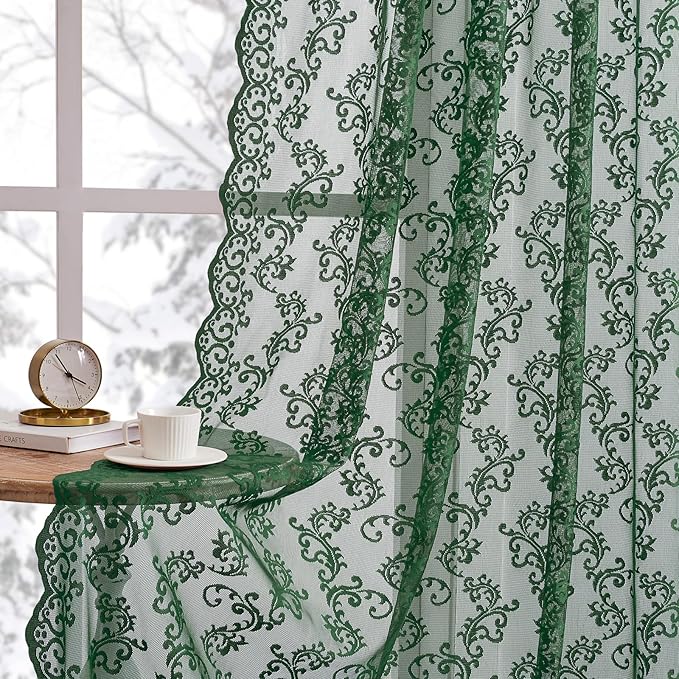 Dark Green Lace Curtains 84 Inches Long 2 Panels Country Vintage Sheer Lace by FOLKSIDEHomeDecoration