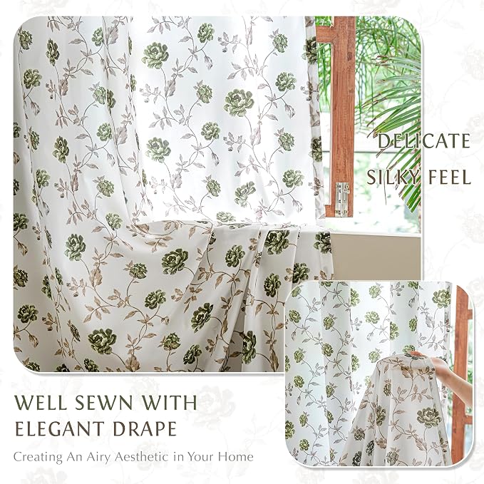 Beauoop Floral Sheer Curtains for Bedroom Green Brown 52x96 2 Panels | Semi - Image 4