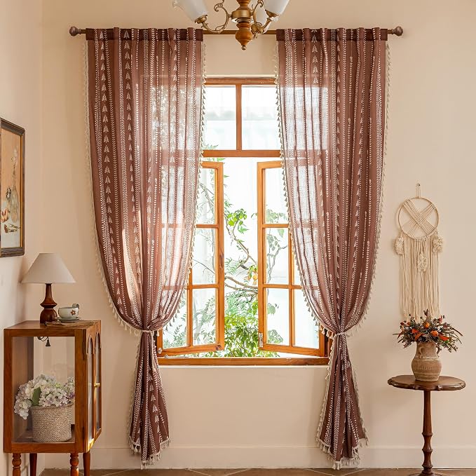 Boho Curtains for Living Room, Terracotta Curtains 84 Inch Long Linen Blended - Image 8