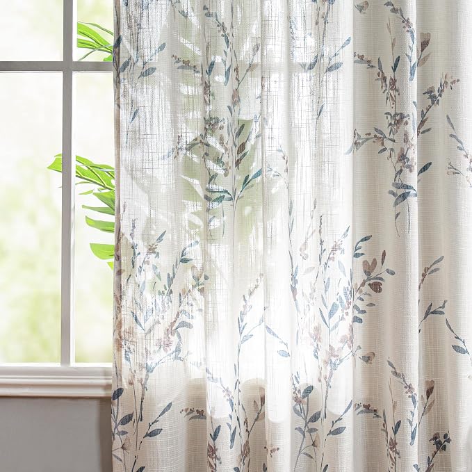 MYSKY HOME Linen Sheer Window Floral Curtains Panels Light Filtering Privacy - Image 2