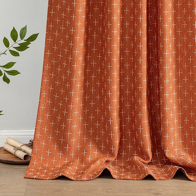 MIULEE Patterned Farmhouse Linen Curtains, Back Tab, Burnt Orange | Linen - Image 6