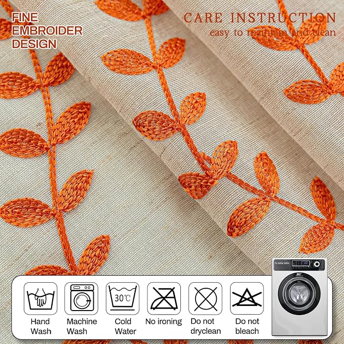 2 Panels Linen Leaf String Floral Embroidered Semi Sheer Curtain Farmhouse - Image 6