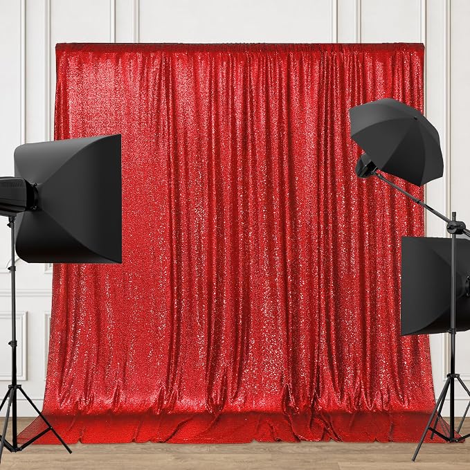 PartyDelight Red Sequin Backdrop 8x8ft Sparkly Photo Curtain | 4 Inch Rod - Image 3
