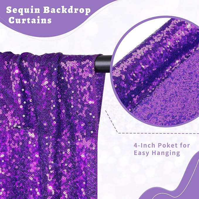 Purple Sequin Curtains Backdrop 6 Pcs 2FTx8FT Shiny Shimmer Fabric | Glitter - Image 4