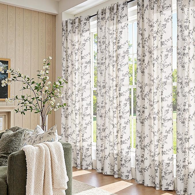jinchan Black Floral Linen Curtains 84 Inch Rustic Drapes Back Tab 2 Panels | - Image 5