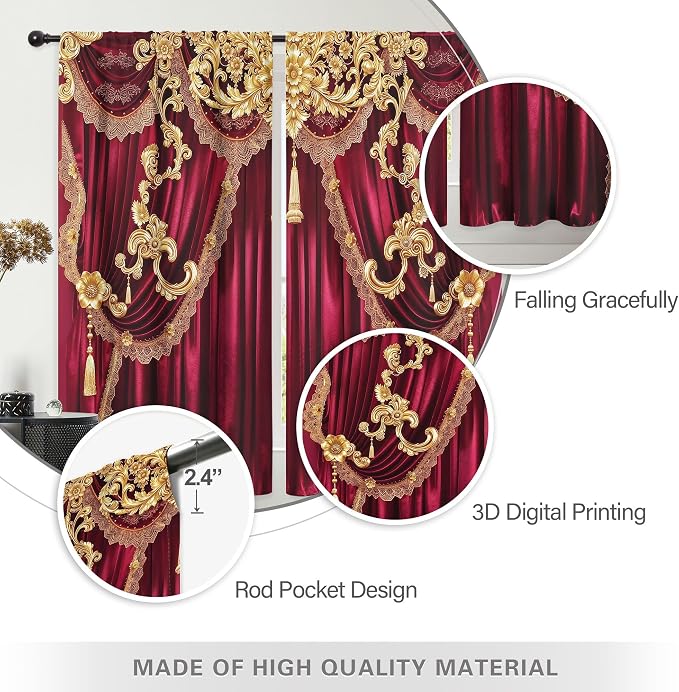 Red Gold Vintage European Elegant No Living Room Bedroom Window Curtains | 52"W - Image 7
