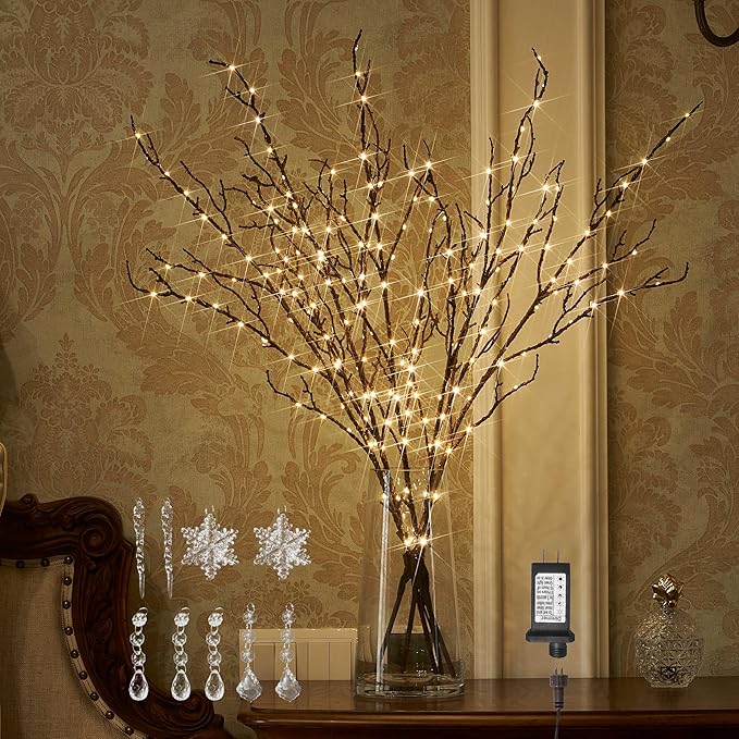 BAOLITVINE Lighted Branches Brown 32IN 200 Warm White Fairy Lights, Lighted Willow Branches with Timer, Dimmer for Home Bedroom Fireplace Christmas Decoration Inside Outdoor