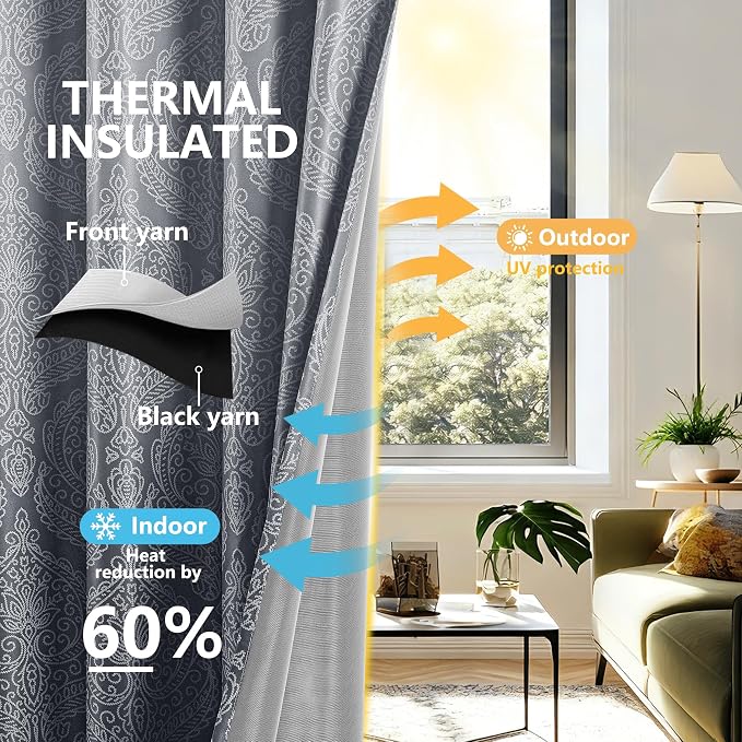 DWCN Grey Double Layers Damask Patterned Blackout Curtains - Image 3
