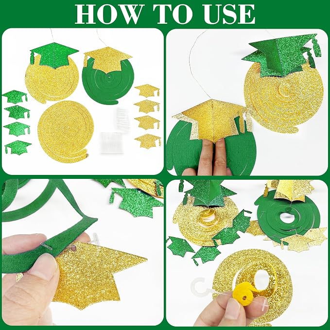24Pcs Green Gold Graduation Grad Cap Hanging Felt Swirl Streamer Spiral Ceiling - Image 3