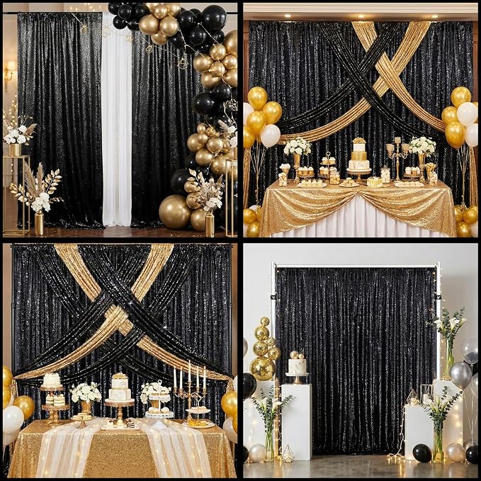 Black Sequin Curtains Backdrop 6 Pcs 2FTx8FT Shiny Curtains Drapes | Glitter - Image 3