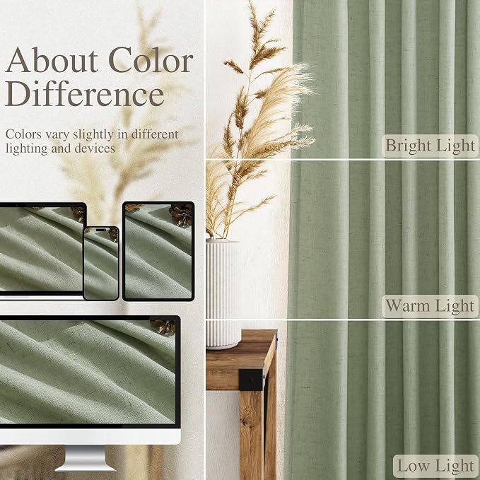 Sheer Light Sage Linen Curtains 102 Inches Long Rod Pocket Back Tab Drapes 2 - Image 3