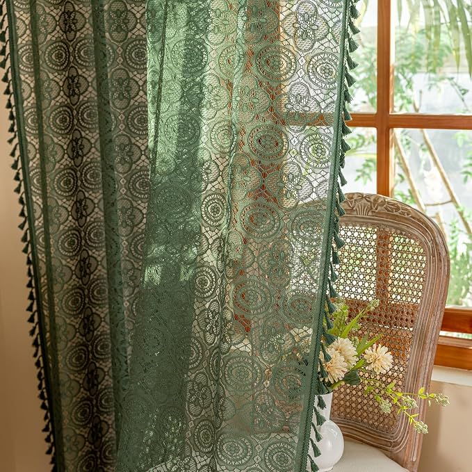 YJ YANJUN Boho Lace Curtains, Dark Green, 2 Panels | Vintage Floral Crochet by YJYANJUN