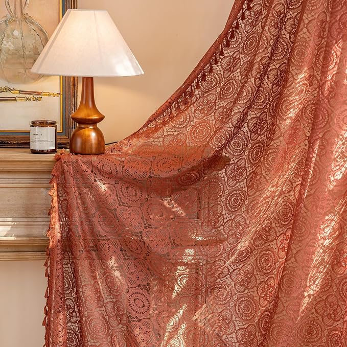 YJ YANJUN Boho Lace Sheer Curtains, Burnt Orange Terracotta, 59x108 inches | 2 - Image 3