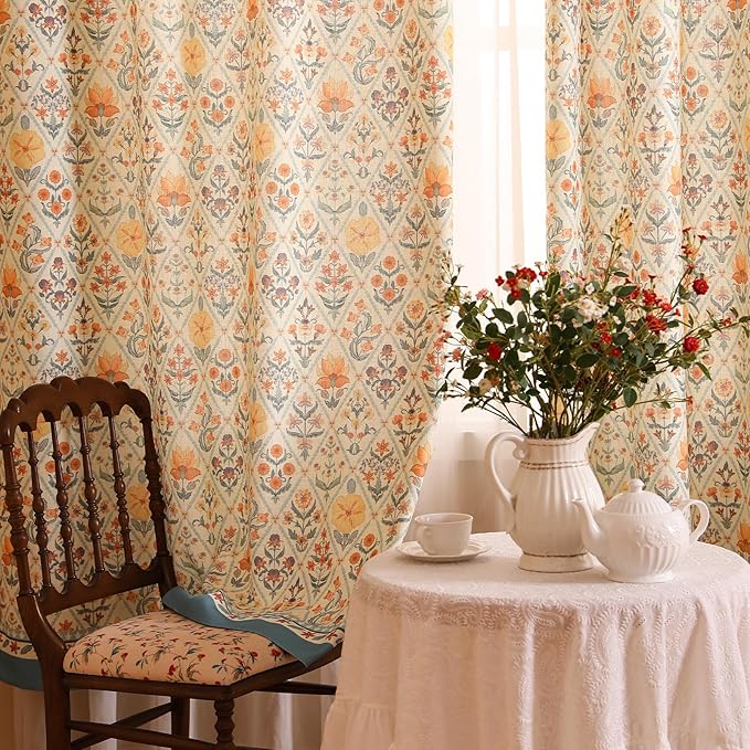 Designer French Linen Printed Curtains, 2 Panels, Floral Pattern Draps - Image 2