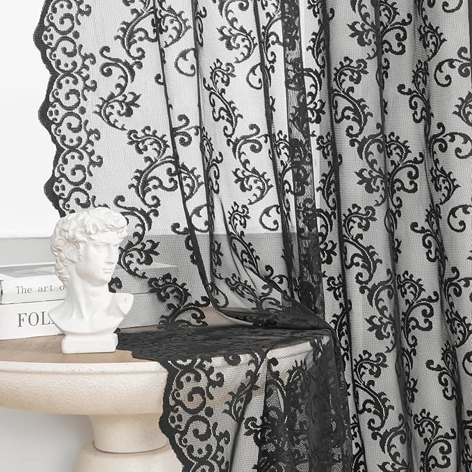 Black Lace Curtains 96 Inches Long 2 Panels Vintage French Floral Sheer - Image 4