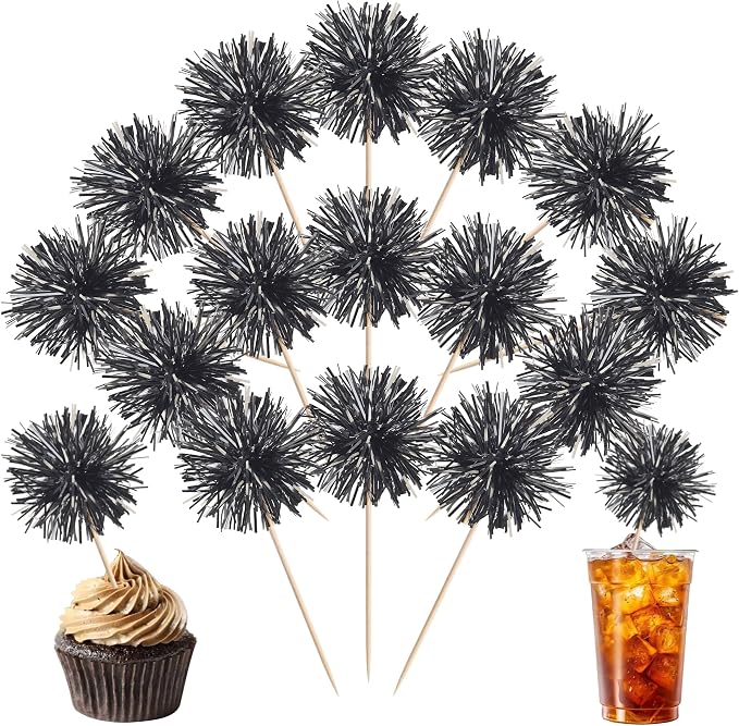 40 PCS Black Foil Firework Cupcake Toppers Sparkle Tinsel Cupcakae Picks by ZHUOWEISM
