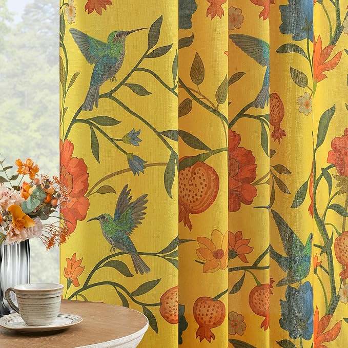 Mustard Yellow Floral Linen Curtains, Boho Whimsical Bird Print Curtains - Image 2