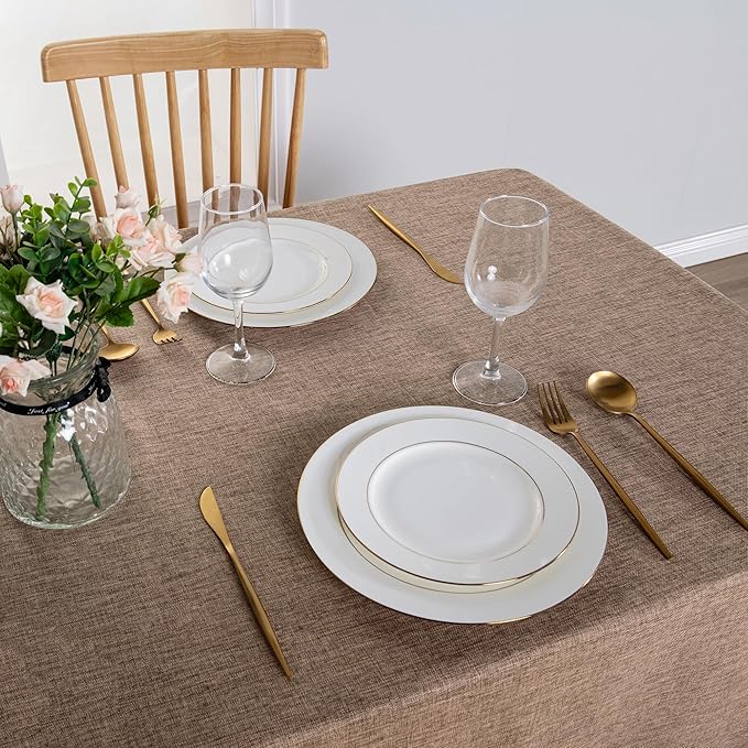 Hiasan 2 Pack Faux Linen Rectangle Tablecloth - Wrinkle and Stain Resistant Washable Table Cloth for Kitchen Dining Room Holiday Table Cover for Dinner, Khaki, 60 x 140 Inch