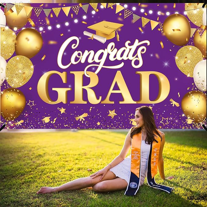 KatchOn Purple And Gold Graduation Backdrop 72x44 Inch | Congrats Grad Banner - Image 2