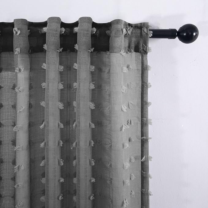 KOUFALL Dark Grey Curtains for Bedroom Living Room, Pom Pom Textured Sheer - Image 7