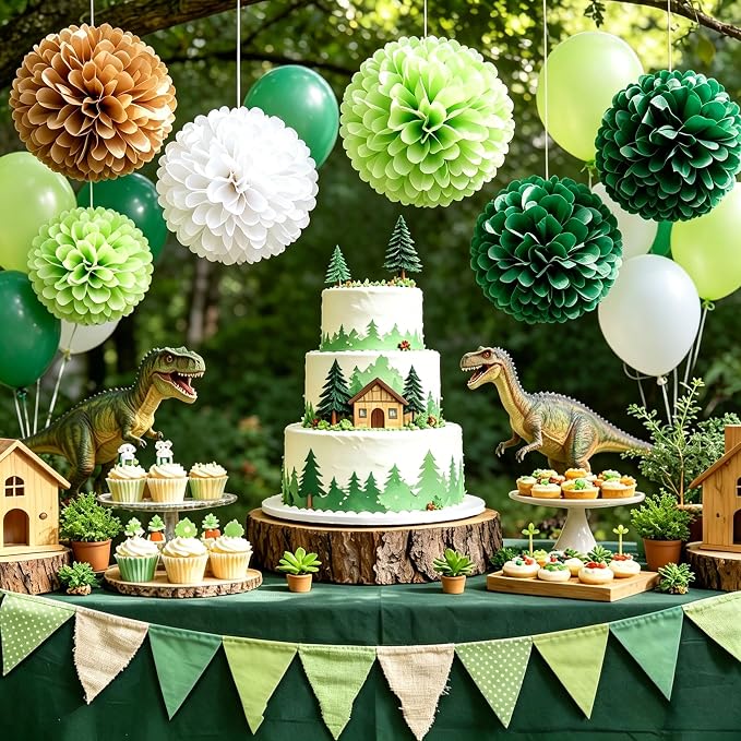 AimtoHome 12Pcs Jungle Paper Pom Poms Decorations, 10/8/6 Inch Green Brown - Image 2
