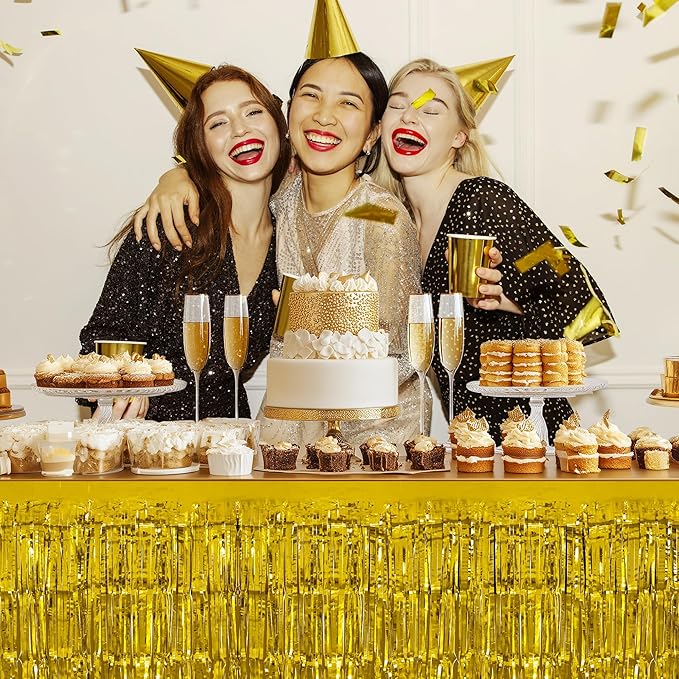 2 Pack Gold Table Skirts, 29x108" Metallic Foil Tinsel Fringe Table Skirts for Rectangle Tables Streamer Curtains Backdrop, Party Decorations for Birthdays Weddings Holidays