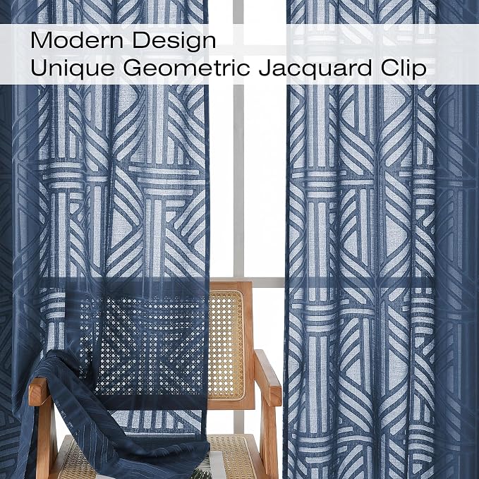 Simplebrand Navy Blue Semi Sheer Curtains 54 Inch Length 2 Panels, Geometric - Image 3
