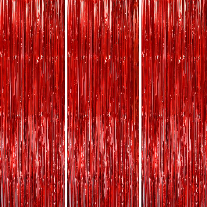 Voircoloria Red Foil Fringe Backdrop Curtains, 3 Pack | Tinsel Streamers by Voircoloria