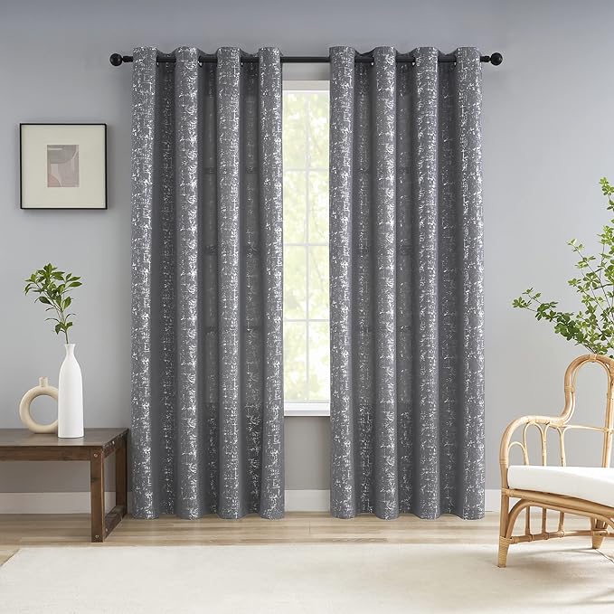 Taisier Home Silver Foil Print Linen Textured Curtains Geometric Dots Pattern by TaisierHome