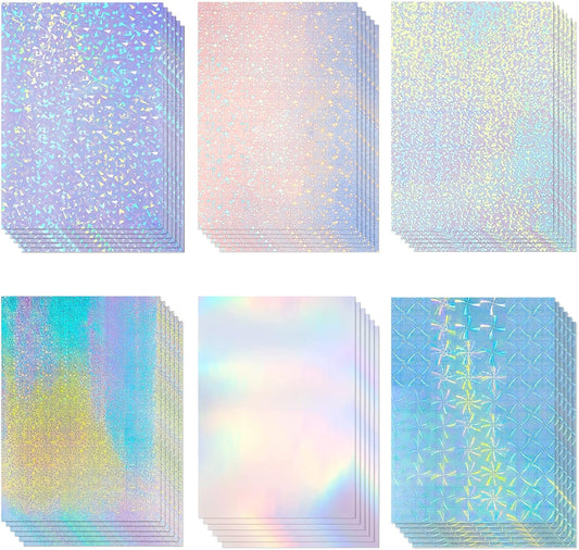 60 Sheets Holographic Laminate Sheets Clear Glitter A4 Size Vinyl Sticker Paper Holographic Overlay Self Adhesive Waterproof Film, 11.7 x 8.3 Inch (Gem, Rainbow, Spot, Star, Sand Star, Wind Mill)