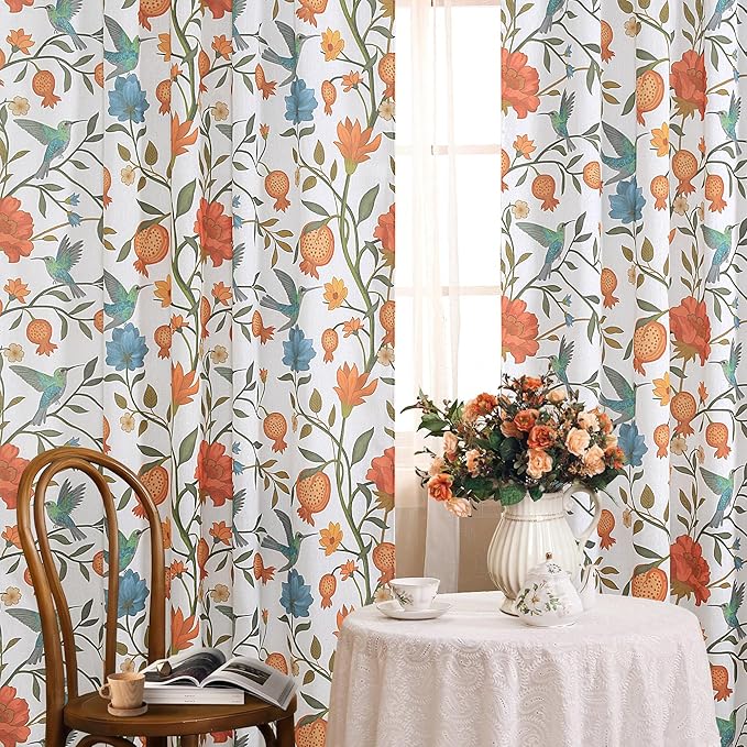 White Floral Linen Curtains, Boho Whimsical Bird Print Curtains - Image 2