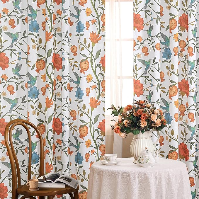 54 Inch Boho Floral Curtains Tropical Bird Print Linen Semi Sheer Window Drapes - Image 9