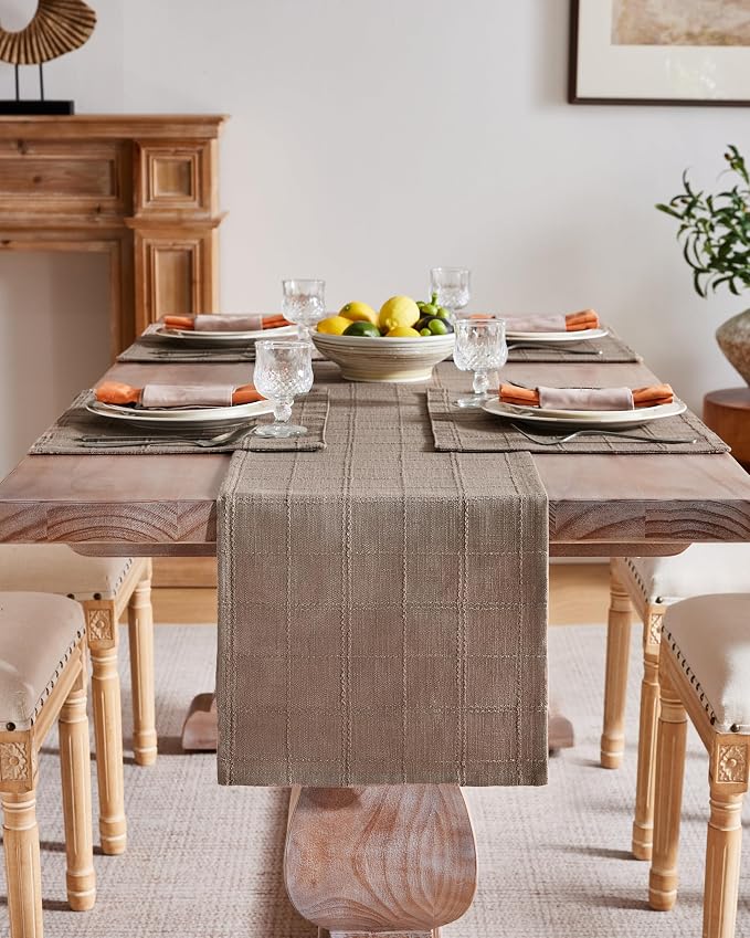 Linen Checked Farmhouse Table Runner, 13x108 Inches Cocoa Brown | Raised Grid - Image 2