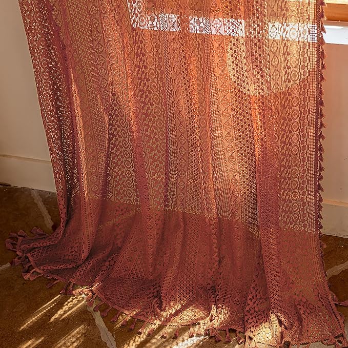 WAZZIO Boho Lace Curtains 63 Inches 2 Panel, Light Filtering Privacy Tassel & - Image 6