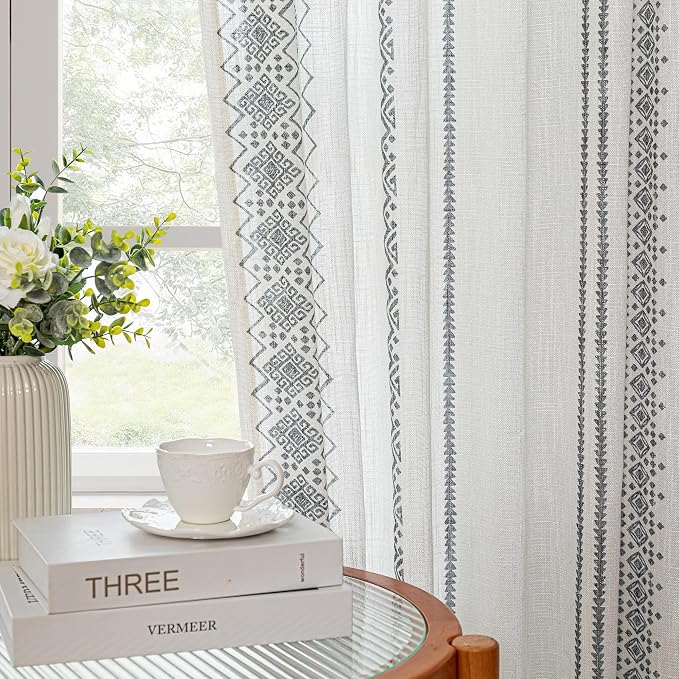 Curtains 63 Inches Long for Living Room Geometric Light Filtering Cotton Back by MEETSKY