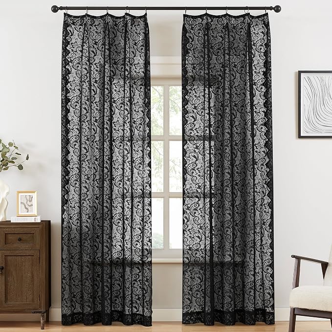 Bujasso Black Lace Pinch Pleat Curtains 90 inch, Gothic Vintage Floral Sheer by Bujasso
