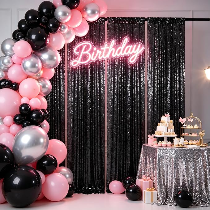 ShinyBeauty Sequin Curtains 4 Panels Black Backdrop 2x8ft Party Photo Decor | - Image 5