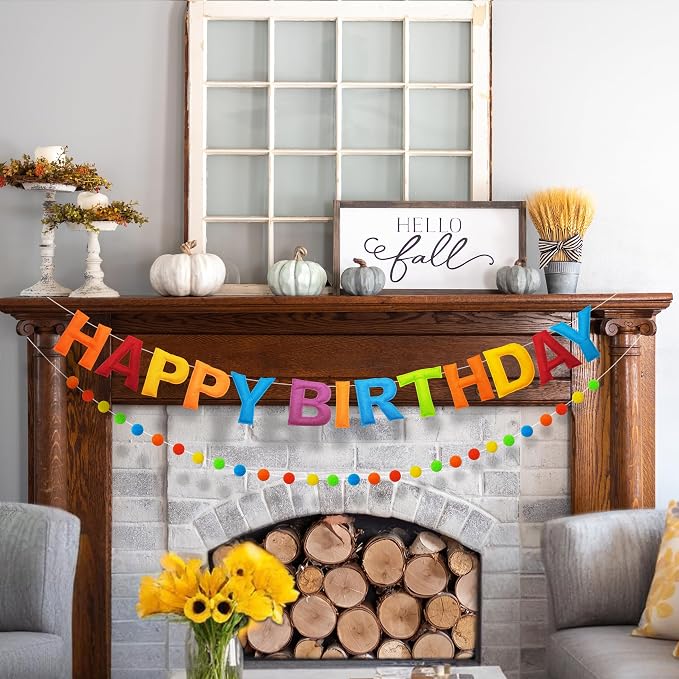 Pre-Strung 3D Felt Happy Birthday Banner, Retro Color Birthday Decorations | - Image 2