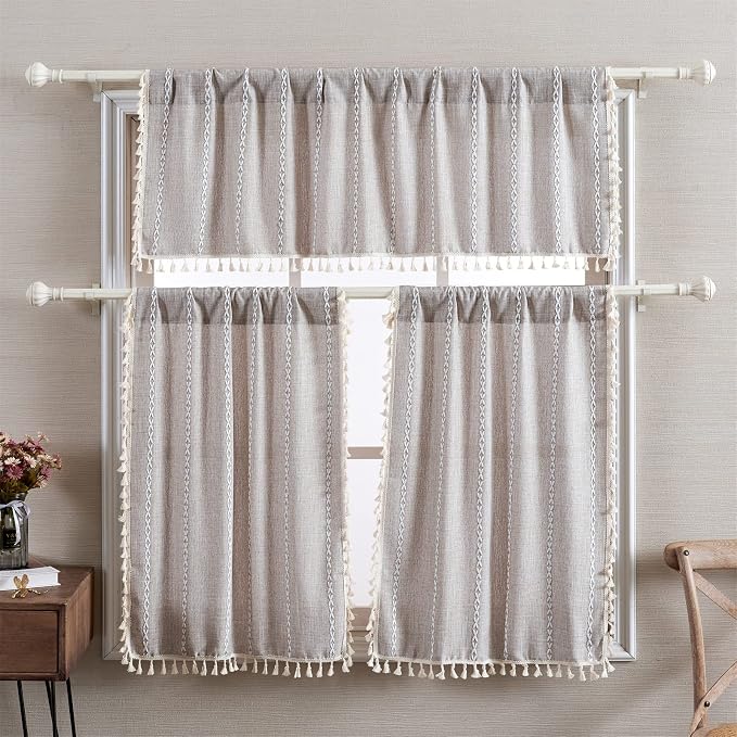 RoomTalks Tan Rustic Farmhouse Linen Kitchen Curtains 45 Inch Length Country - Image 3