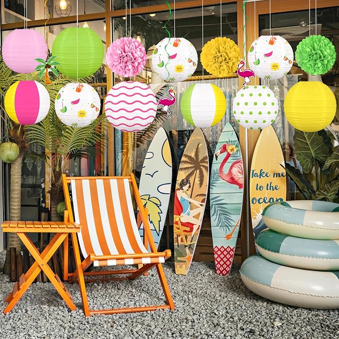 16Pcs Summer Party Decorations Paper Lanterns Pom Poms Hanging Swirls - Image 4