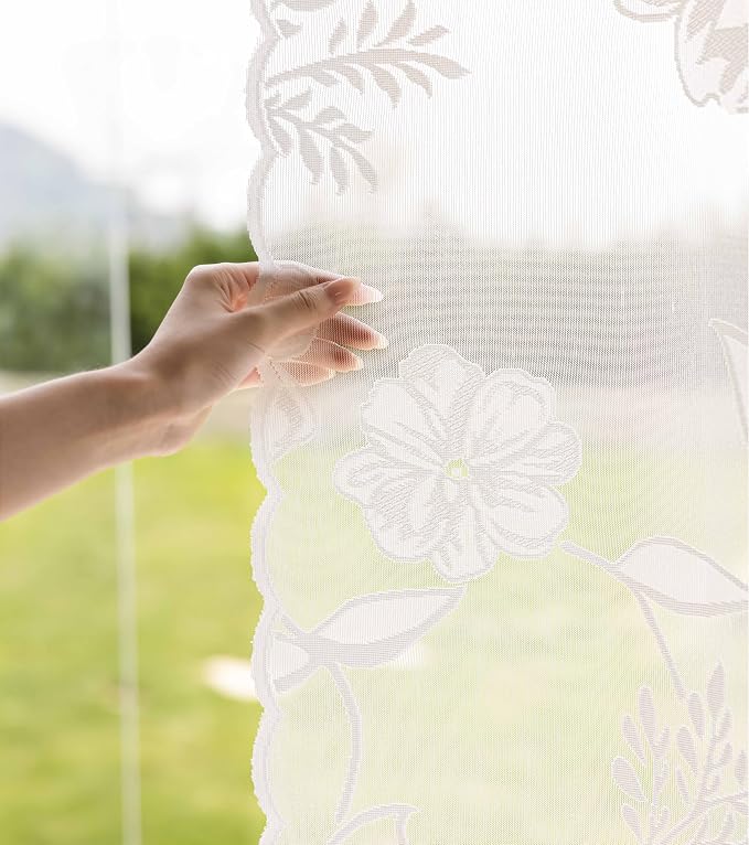 White Lace Sheer Curtains for Living Room 84inch Vintage Rose Botanical Floral - Image 7