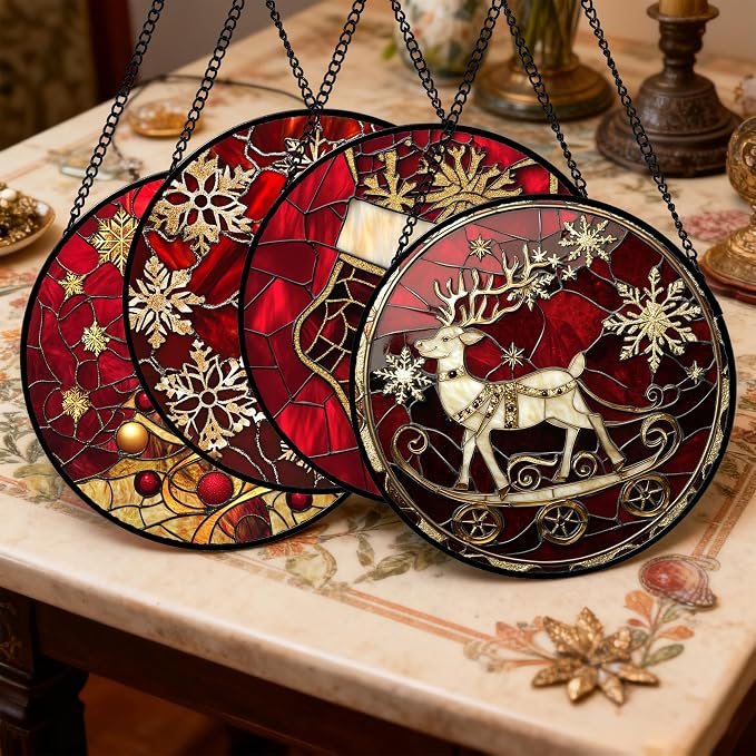 DASTOLL Stained Glass Window Hanging 4 Pcs Set Red Christmas Elk Snowflakes 6.3" - Image 2