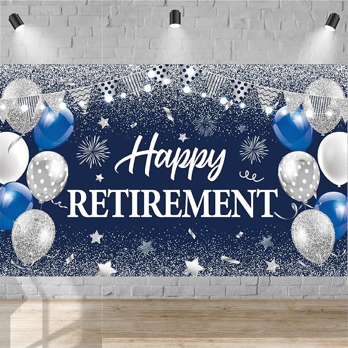 Blue Silver Happy Retirement Banner Large Retirement Party Banner Backdrop by Unknown