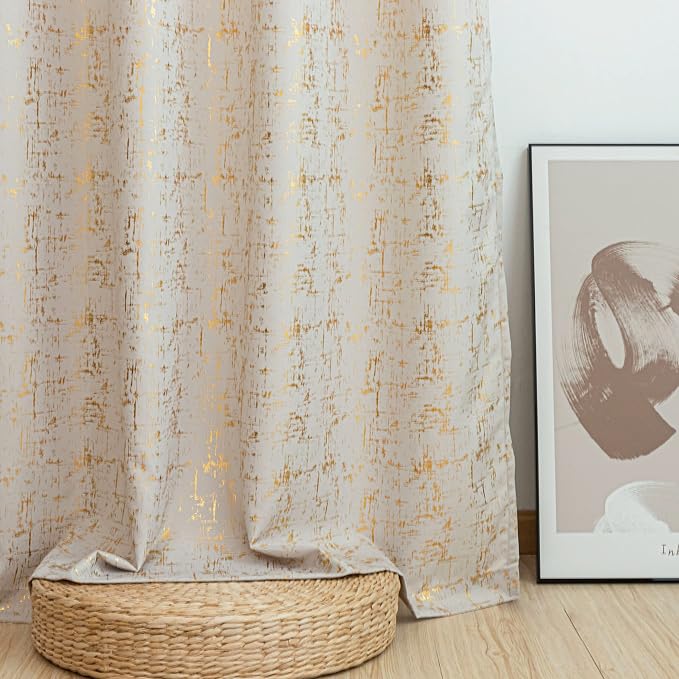 Taisier Home Gold Foil Print Linen Textured Curtains Geometric Dots Pattern - Image 5