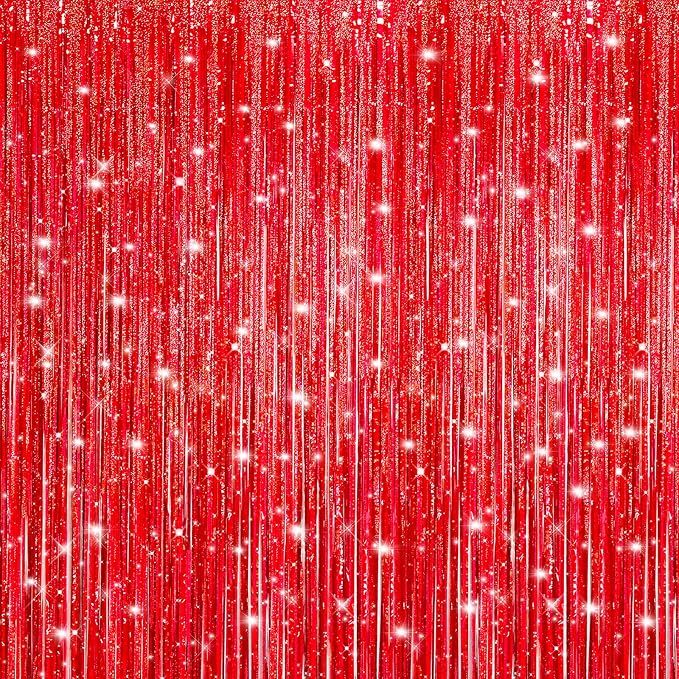 Crosize 4 Pack Laser Red Party Streamers Backdrop, 3.3 x 9.9 ft | Tinsel Foil by Crosize