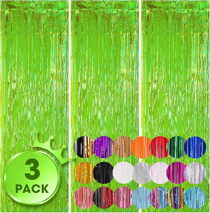 Voircoloria Iridescent Green Fringe Backdrop Curtains, 3 Pack | Tinsel Streamers by Voircoloria