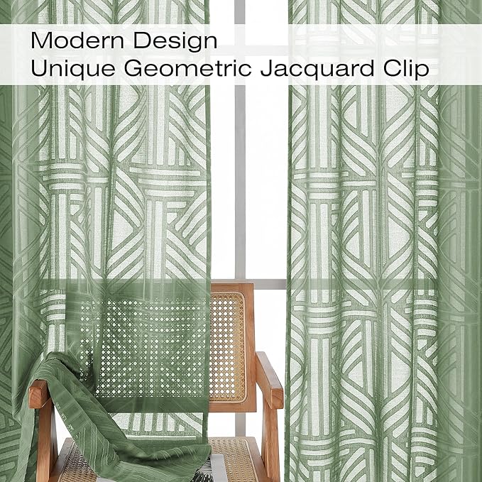 Simplebrand Sage Green Semi Sheer Curtains 54 Inch Length 2 Panels, Geometric - Image 3