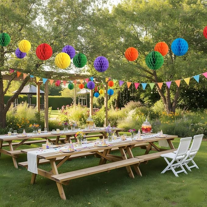Rainbow Paper Honeycomb Balls, 12 Pack Colourful Hanging Tissue Pom Poms - Image 3