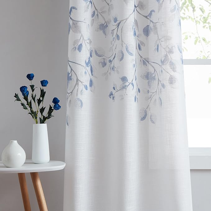 Navy Blue Leaf Floral Print Metallic Sheer Curtain by CentralPark