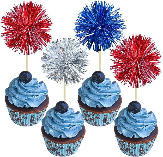 Gyufise 30Pcs Foil Firework Cupcake Toppers Sparkle Tinsel Cake Toppers Tinsel by Gyufise